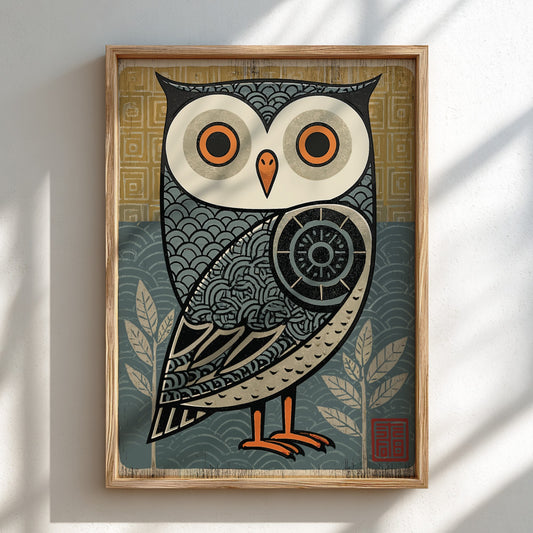 Japanese art style poster featuring a stylized owl with intricate patterns in blue, yellow, and cream.