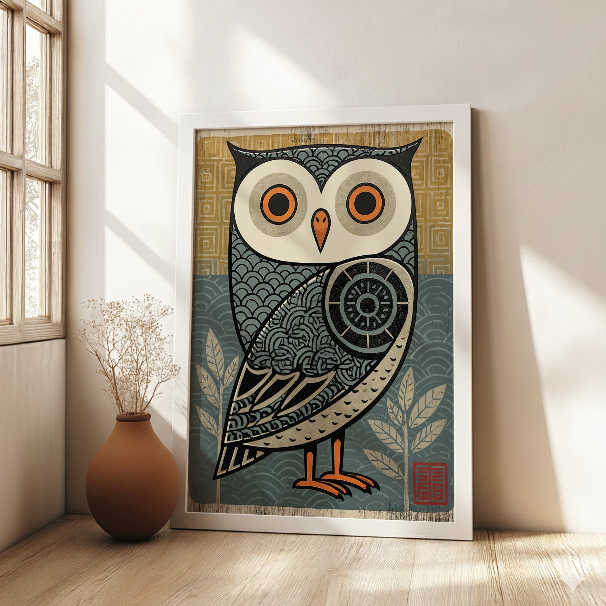 Japanese art style poster featuring a stylized owl with intricate patterns in blue, yellow, and cream.