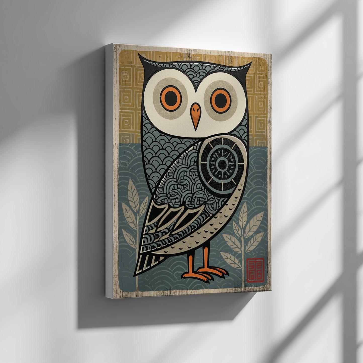 Japanese art style poster featuring a stylized owl with intricate patterns in blue, yellow, and cream.