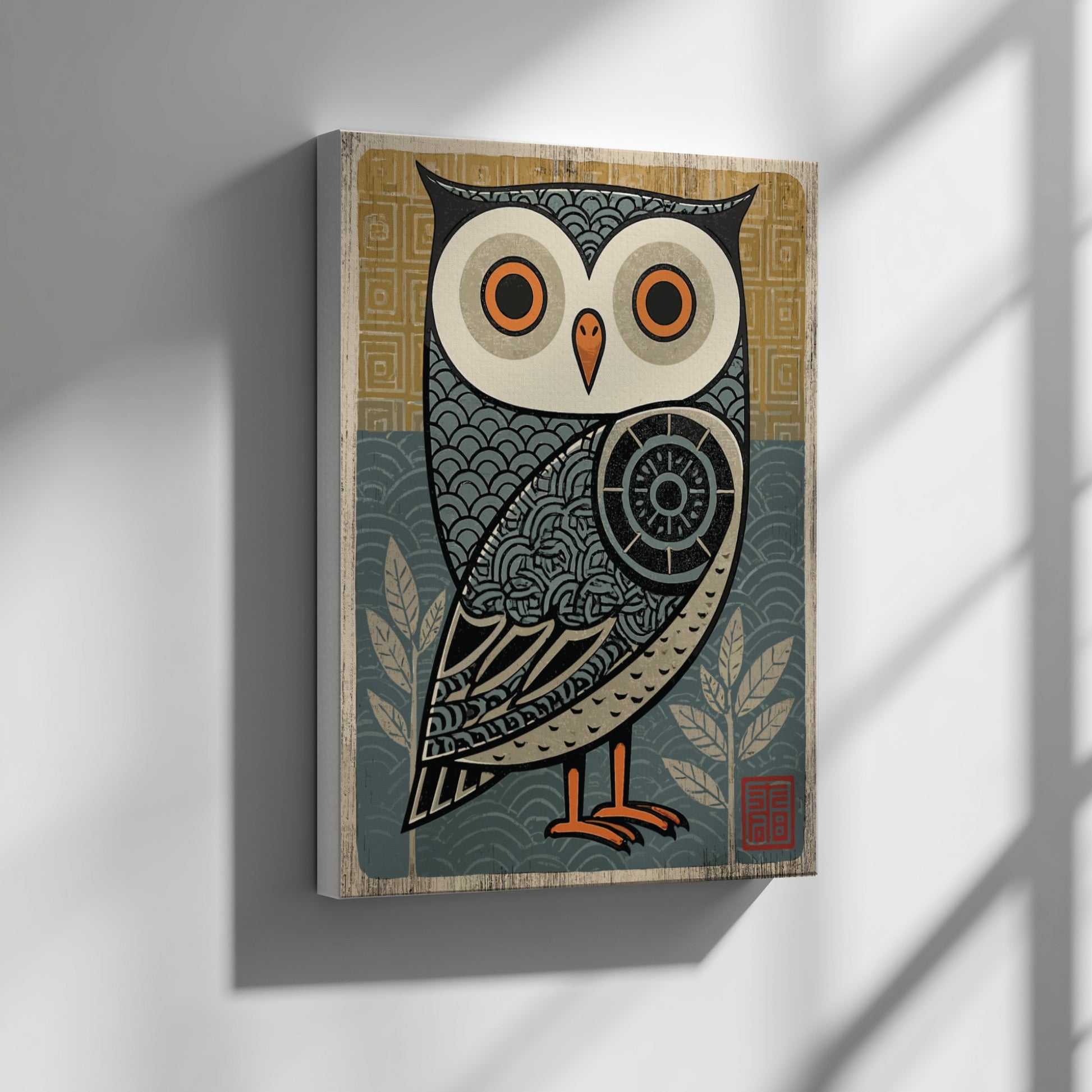 Japanese art style poster featuring a stylized owl with intricate patterns in blue, yellow, and cream.