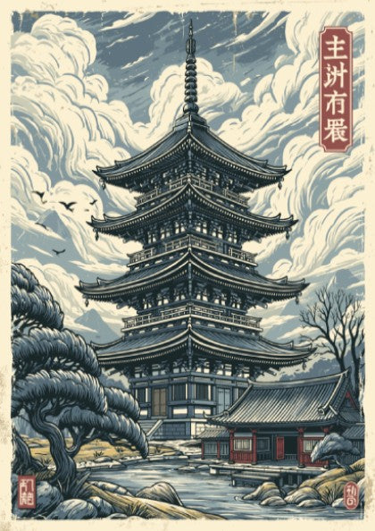 Japanese Pagoda poster in Japanese art style with clouds, trees, and water.