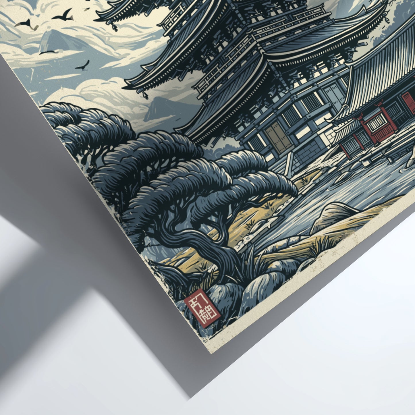 Japanese Pagoda poster in Japanese art style with clouds, trees, and water.