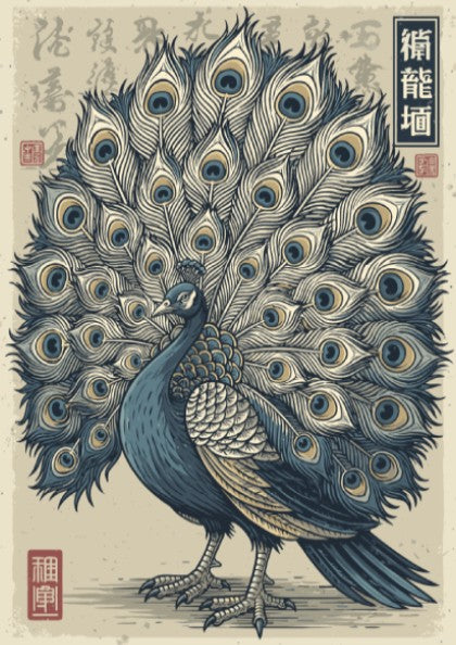 Japanese art style poster of a peacock with fanned tail, featuring blue, cream, and gold colors.