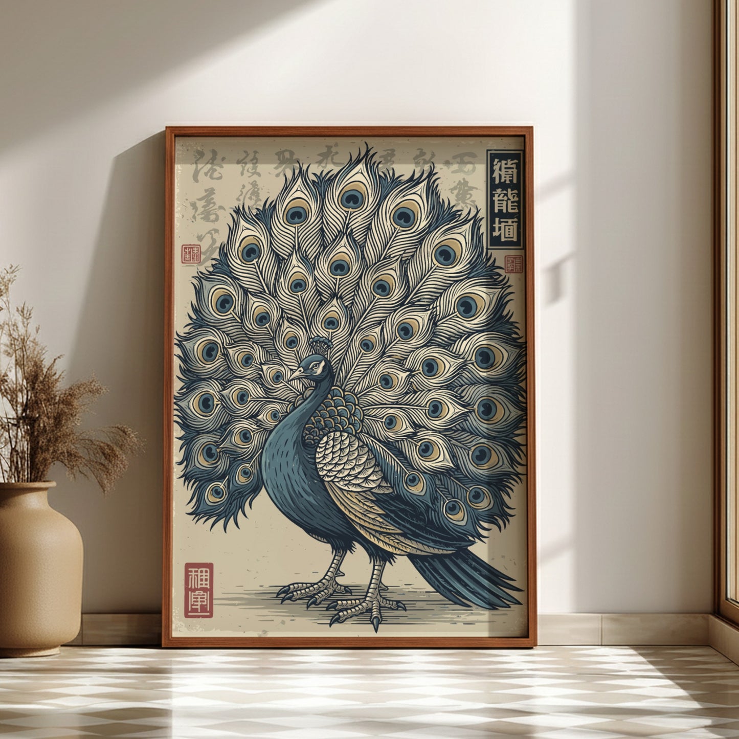 Japanese art style poster of a peacock with fanned tail, featuring blue, cream, and gold colors.