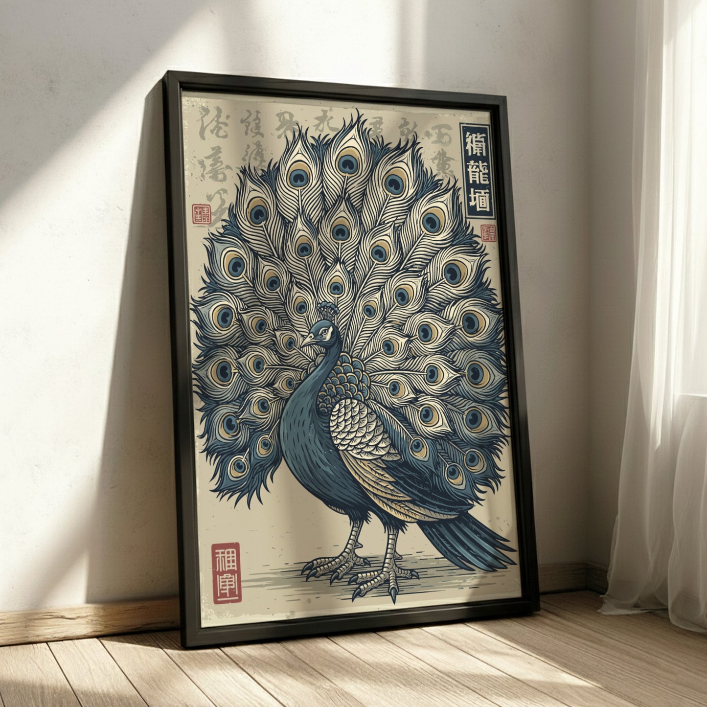 Japanese art style poster of a peacock with fanned tail, featuring blue, cream, and gold colors.