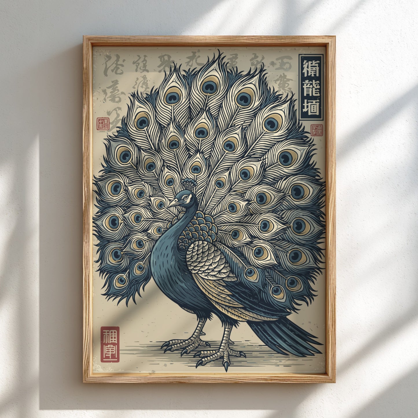Japanese art style poster of a peacock with fanned tail, featuring blue, cream, and gold colors.