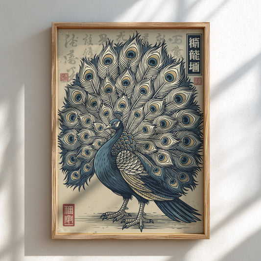 Japanese art style poster of a peacock with fanned tail, featuring blue, cream, and gold colors.