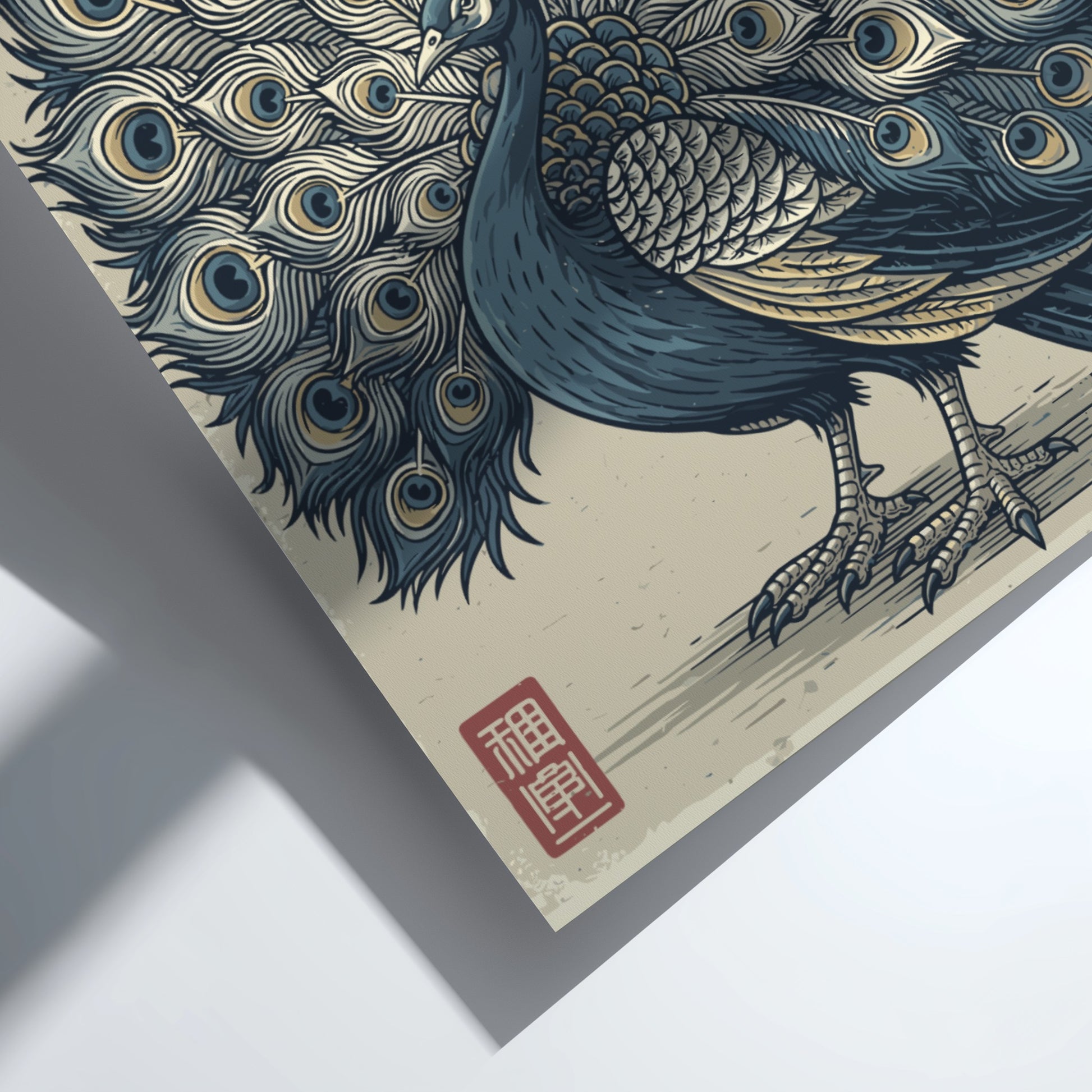 Japanese art style poster of a peacock with fanned tail, featuring blue, cream, and gold colors.