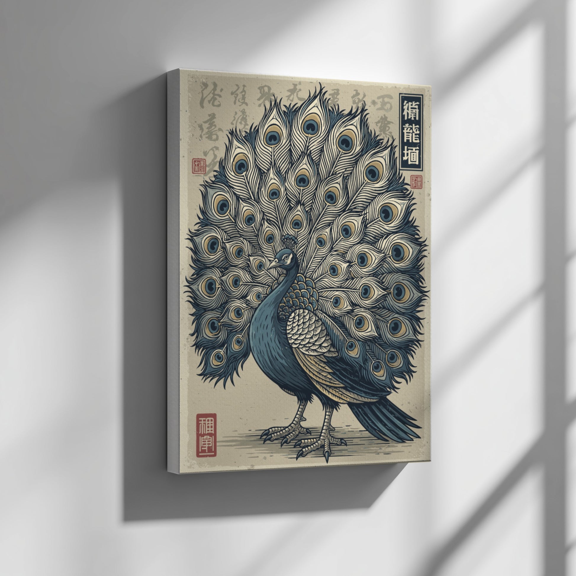 Japanese art style poster of a peacock with fanned tail, featuring blue, cream, and gold colors.