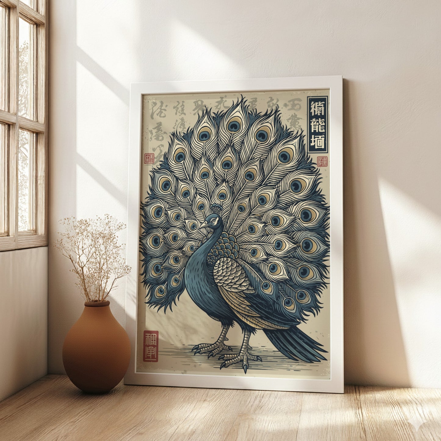 Japanese art style poster of a peacock with fanned tail, featuring blue, cream, and gold colors.