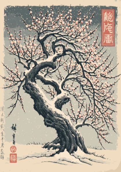 Japanese art style poster of a snow-covered plum tree with pink blossoms, featuring traditional brushstrokes