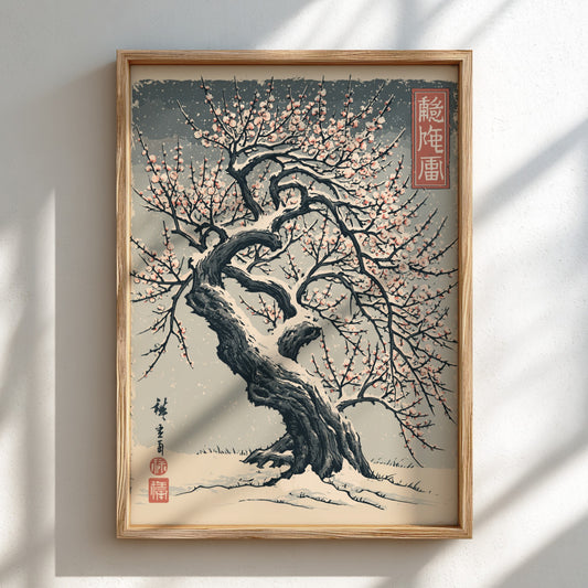 Japanese art style poster of a snow-covered plum tree with pink blossoms, featuring traditional brushstrokes