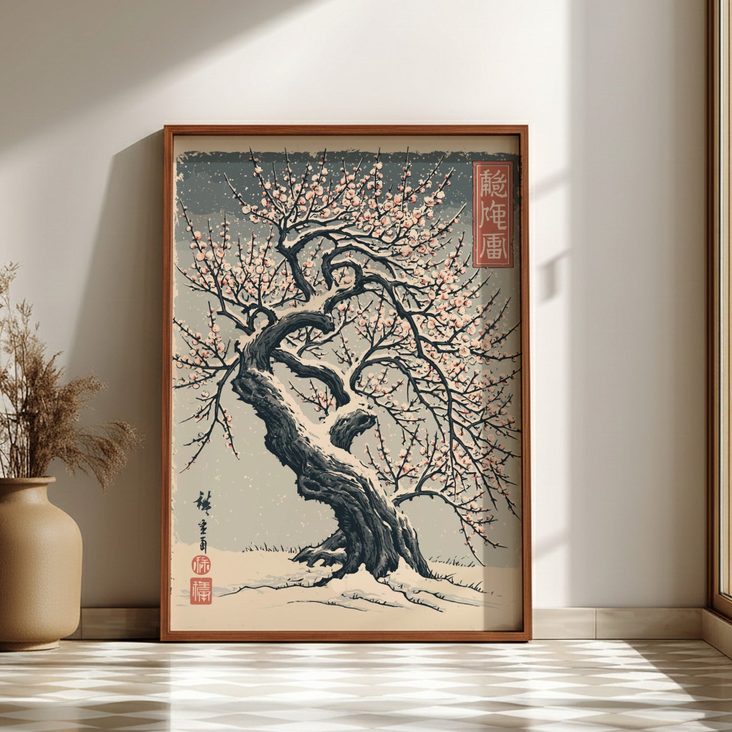 Japanese art style poster of a snow-covered plum tree with pink blossoms, featuring traditional brushstrokes