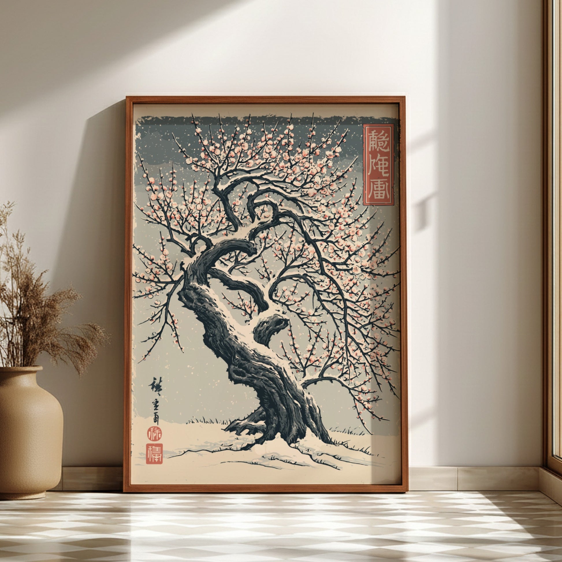 Japanese art style poster of a snow-covered plum tree with pink blossoms, featuring traditional brushstrokes