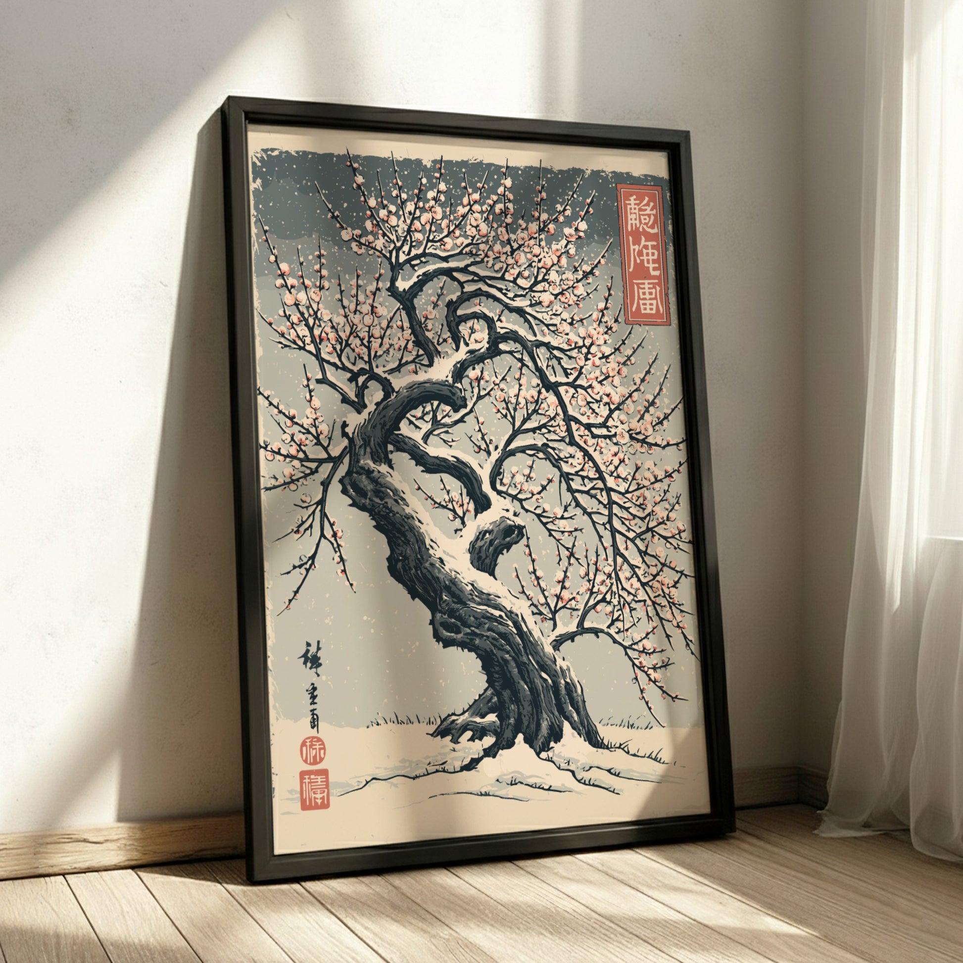 Japanese art style poster of a snow-covered plum tree with pink blossoms, featuring traditional brushstrokes