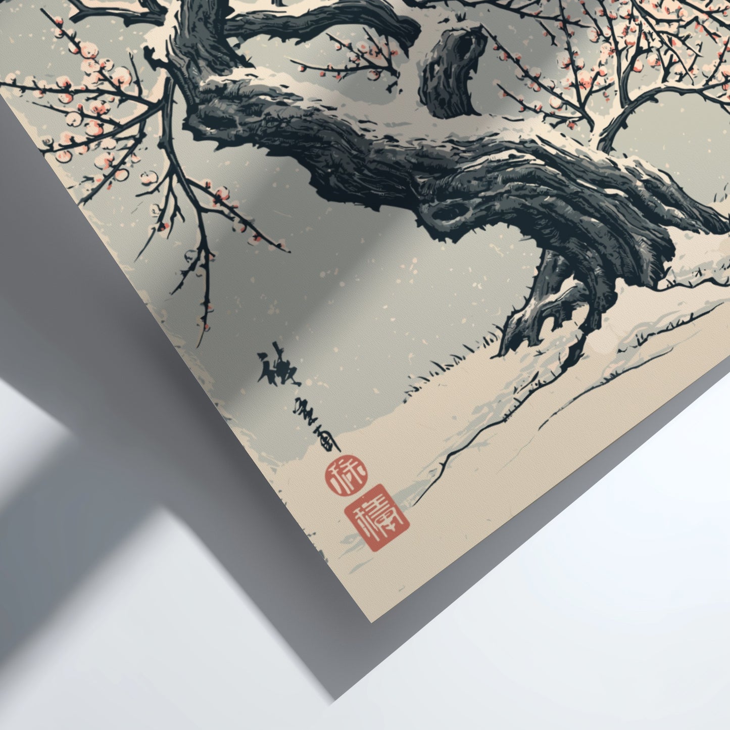 Japanese art style poster of a snow-covered plum tree with pink blossoms, featuring traditional brushstrokes
