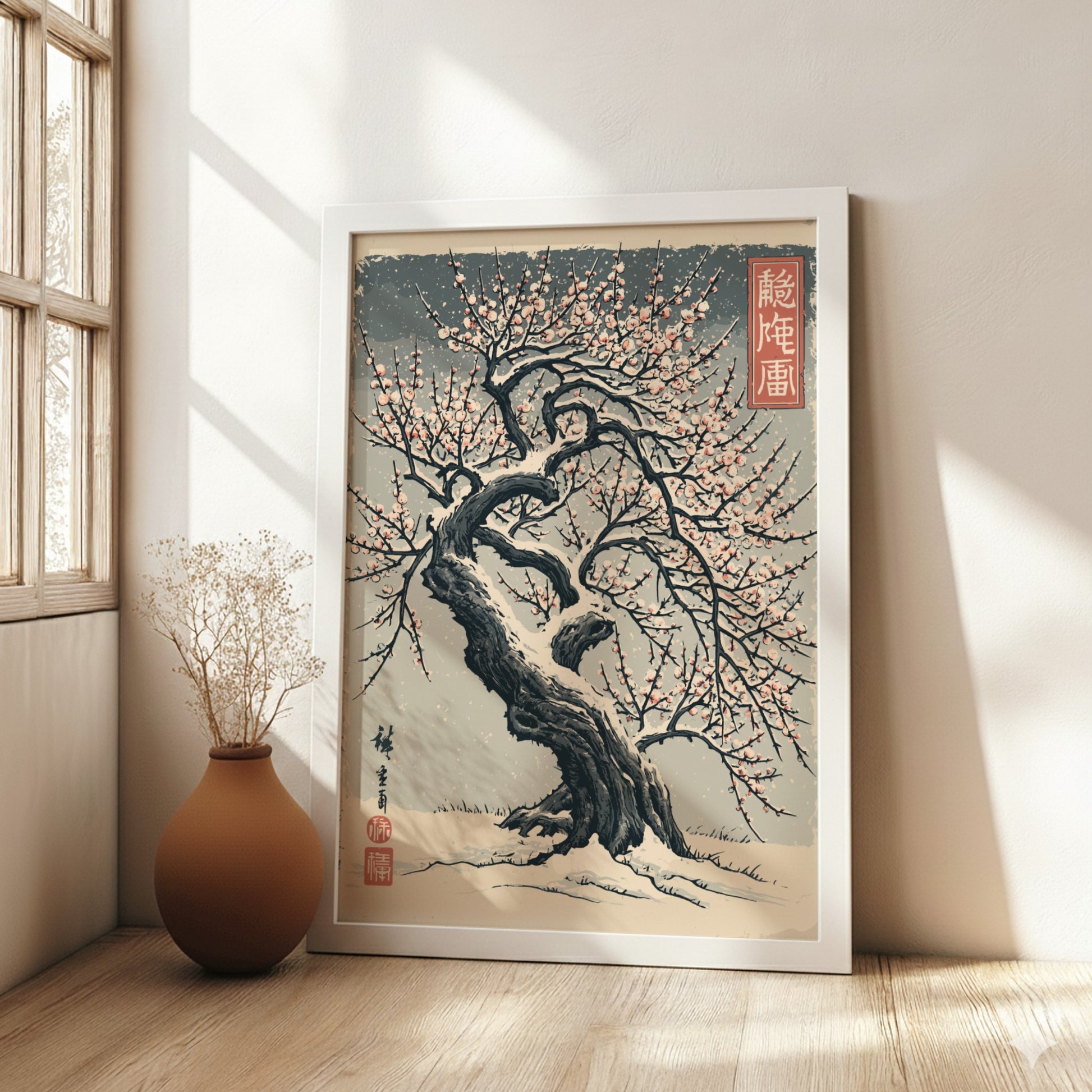Japanese art style poster of a snow-covered plum tree with pink blossoms, featuring traditional brushstrokes