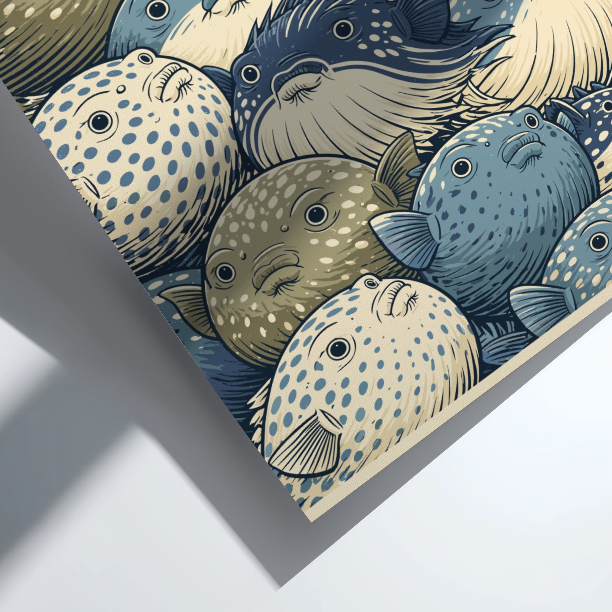 Japanese art style poster featuring a detailed illustration of many pufferfish in blues and greens.