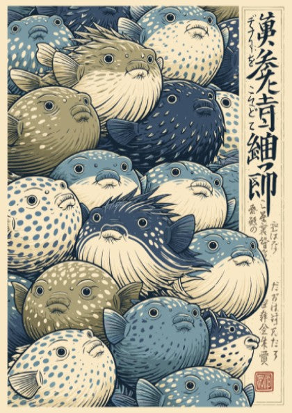 Japanese art style poster featuring a detailed illustration of many pufferfish in blues and greens.