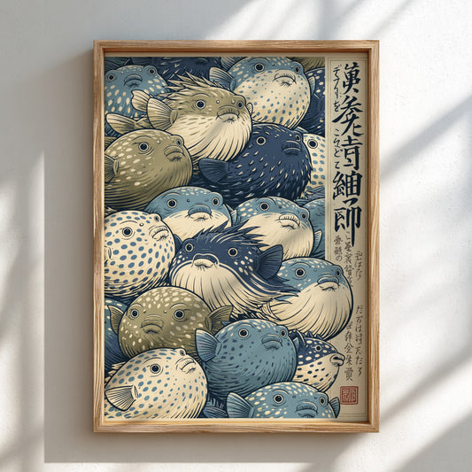 Japanese art style poster featuring a detailed illustration of many pufferfish in blues and greens.