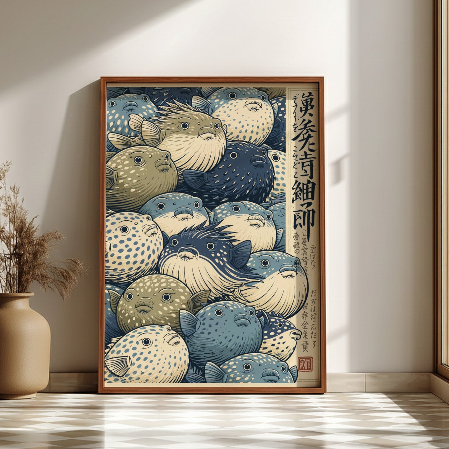 Japanese art style poster featuring a detailed illustration of many pufferfish in blues and greens.