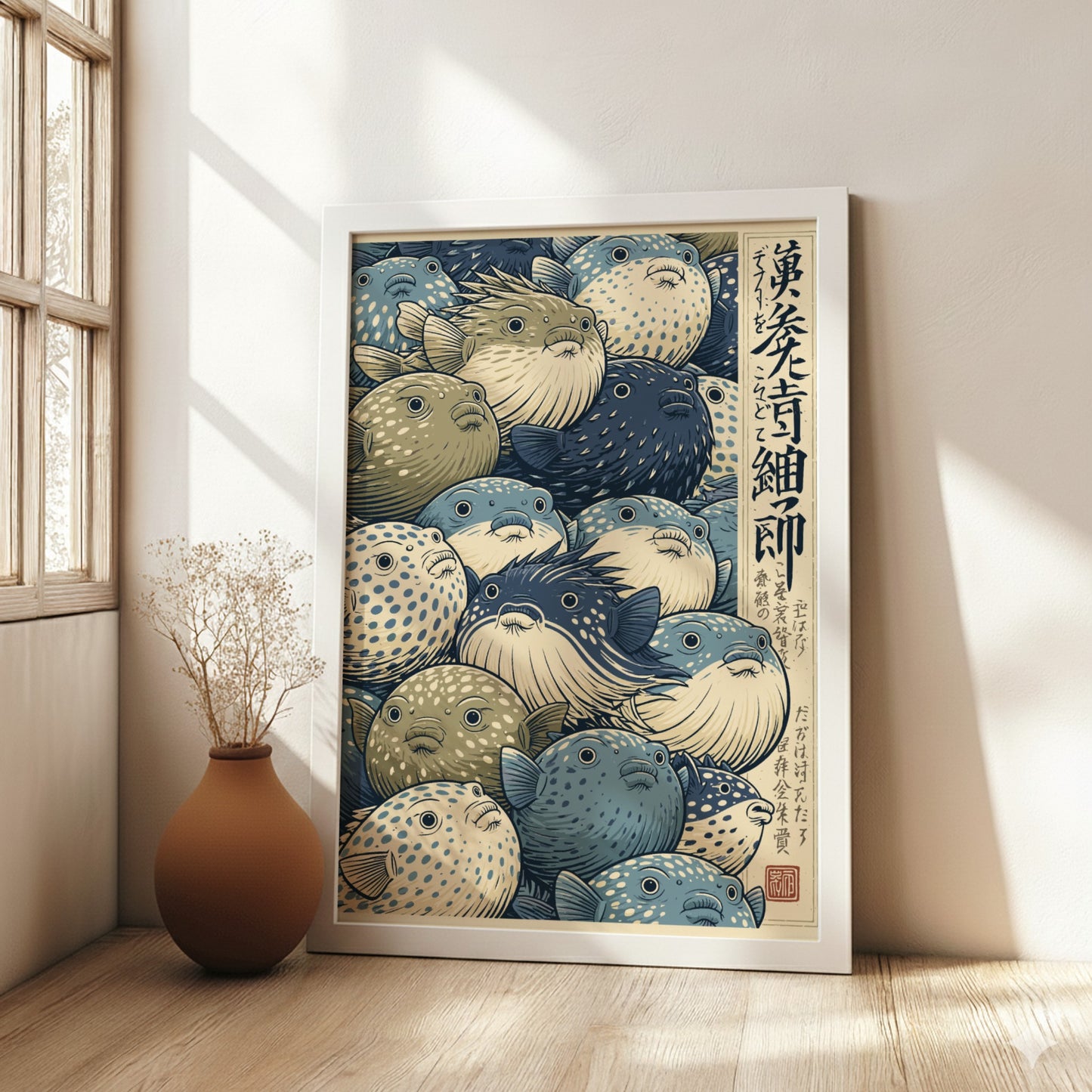 Japanese art style poster featuring a detailed illustration of many pufferfish in blues and greens.