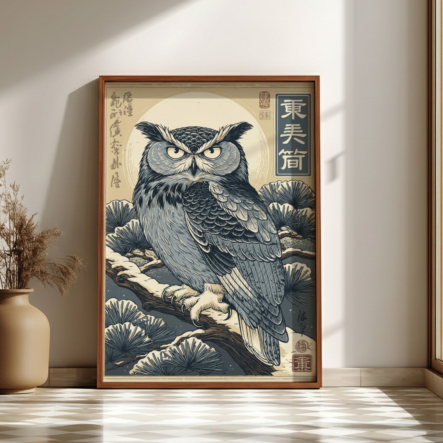 Japanese art style poster of a wise owl on a snowy pine branch with a full moon.