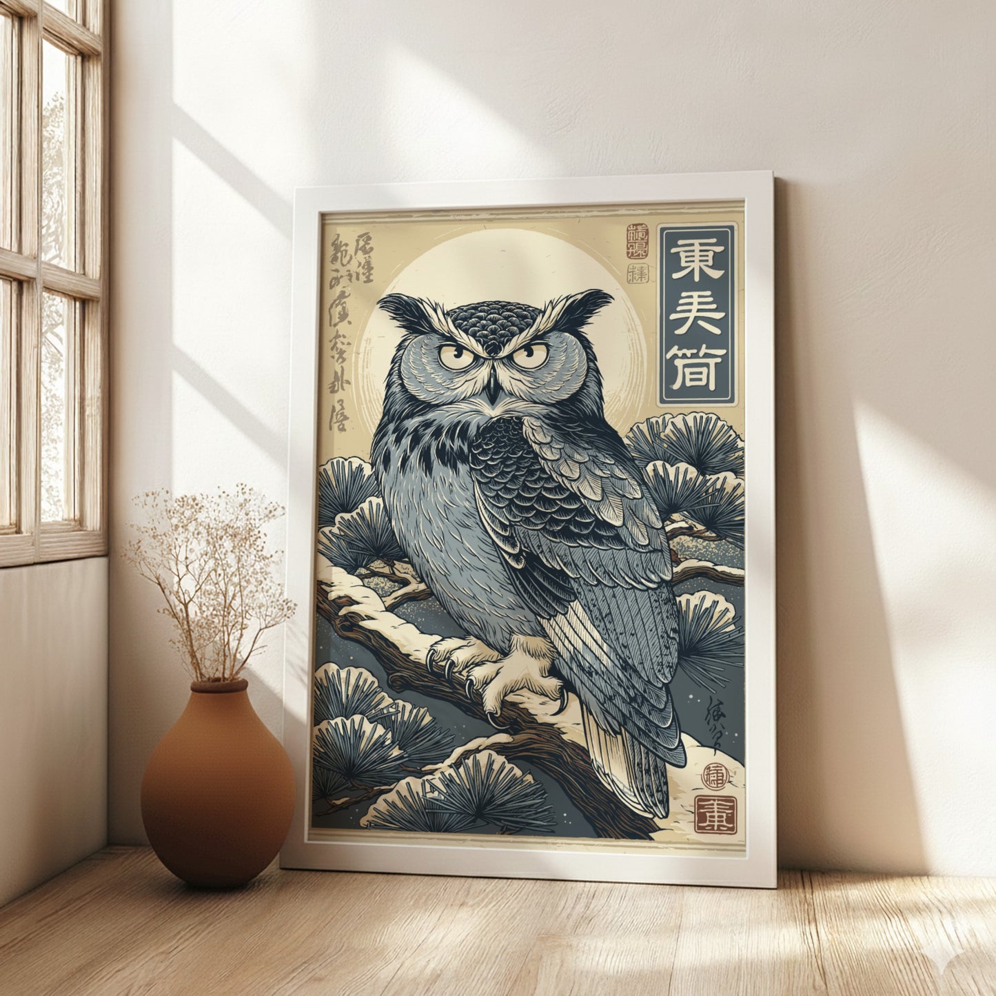 Japanese art style poster of a wise owl on a snowy pine branch with a full moon.