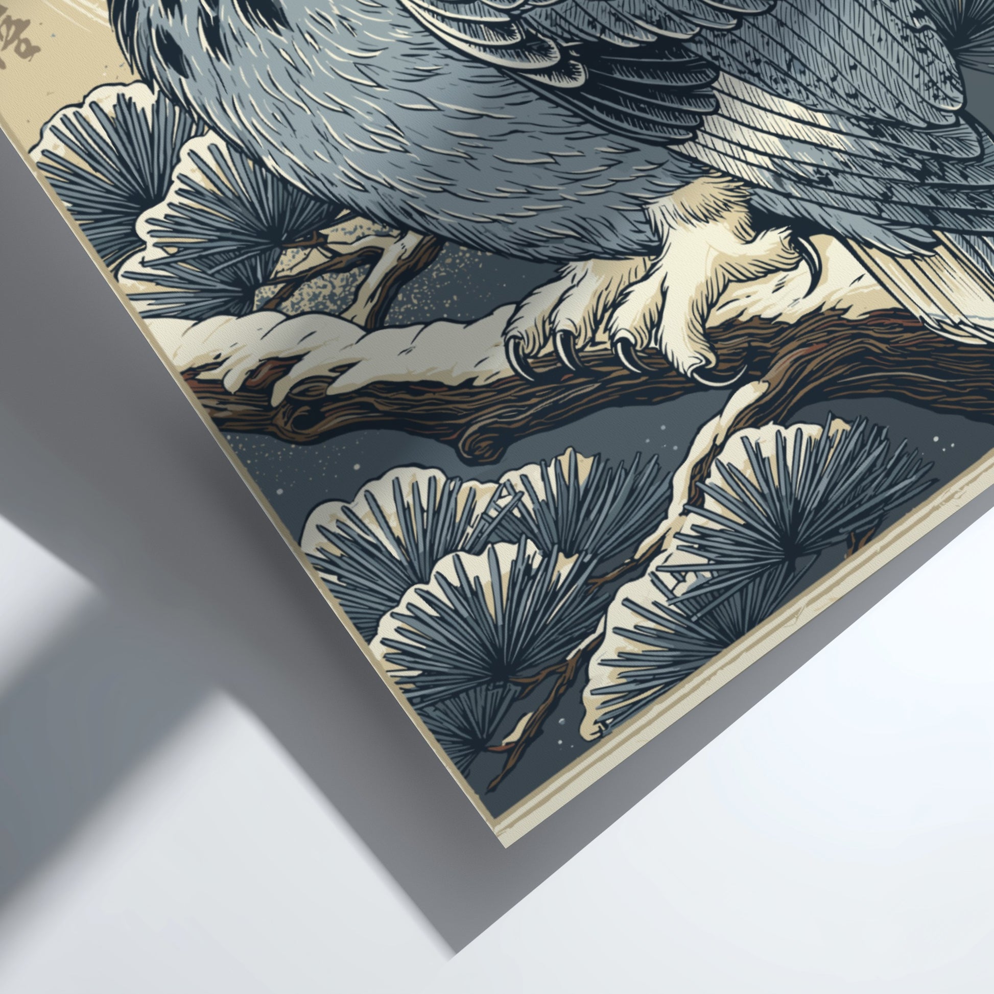 Japanese art style poster of a wise owl on a snowy pine branch with a full moon.