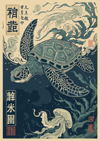 Japanese art style poster of a sea turtle swimming with jellyfish and kelp in deep blue water.