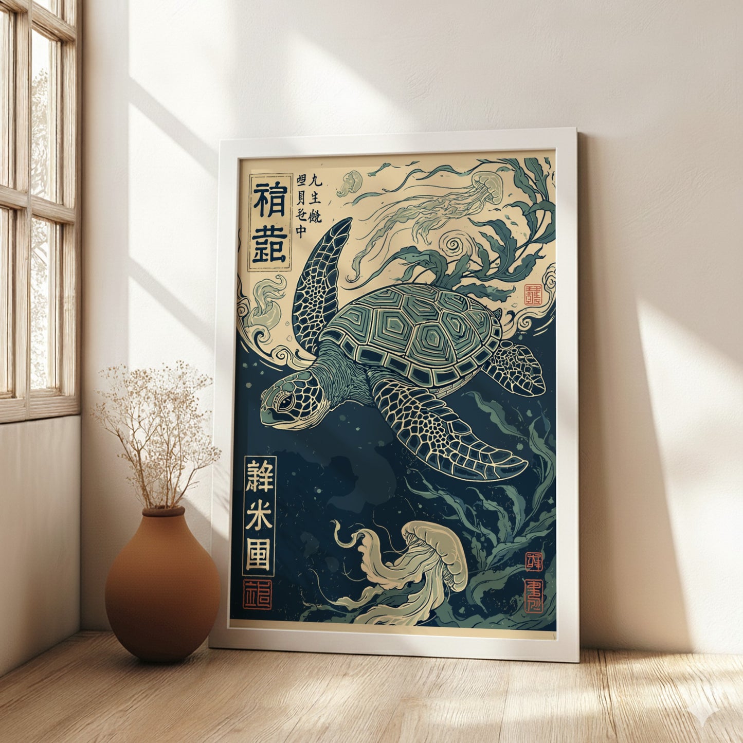 Japanese art style poster of a sea turtle swimming with jellyfish and kelp in deep blue water.