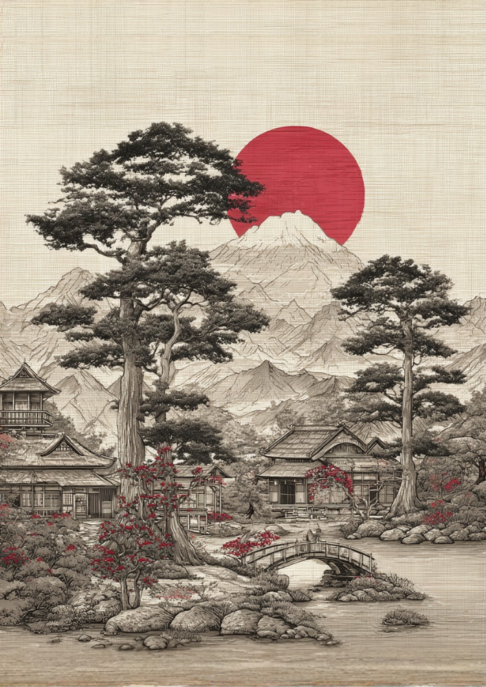 Traditional Japanese landscape with Mount Fuji, red sun, and traditional houses.