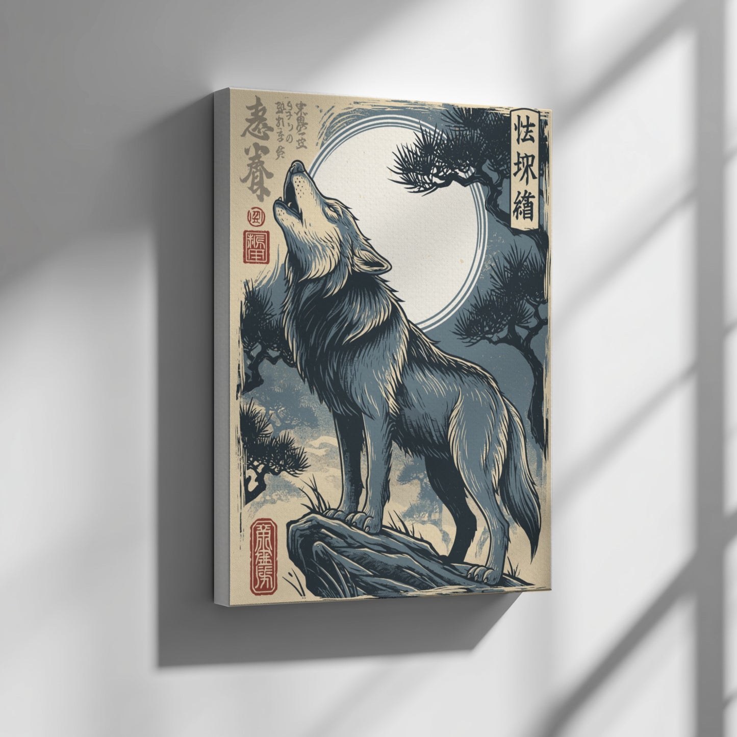 Japanese art style poster of a wolf howling at the moon, Ukiyo-e style, blue and grey palette.