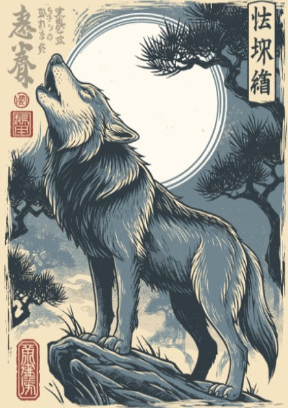 Japanese art style poster of a wolf howling at the moon, Ukiyo-e style, blue and grey palette.