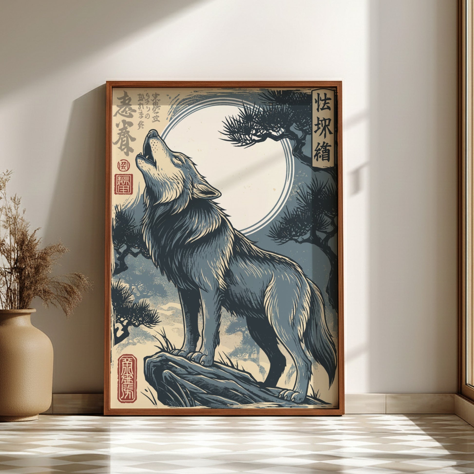 Japanese art style poster of a wolf howling at the moon, Ukiyo-e style, blue and grey palette.