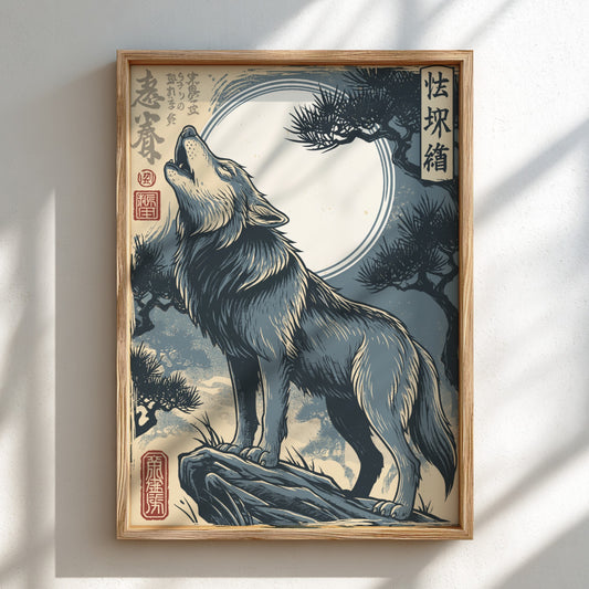 Japanese art style poster of a wolf howling at the moon, Ukiyo-e style, blue and grey palette.
