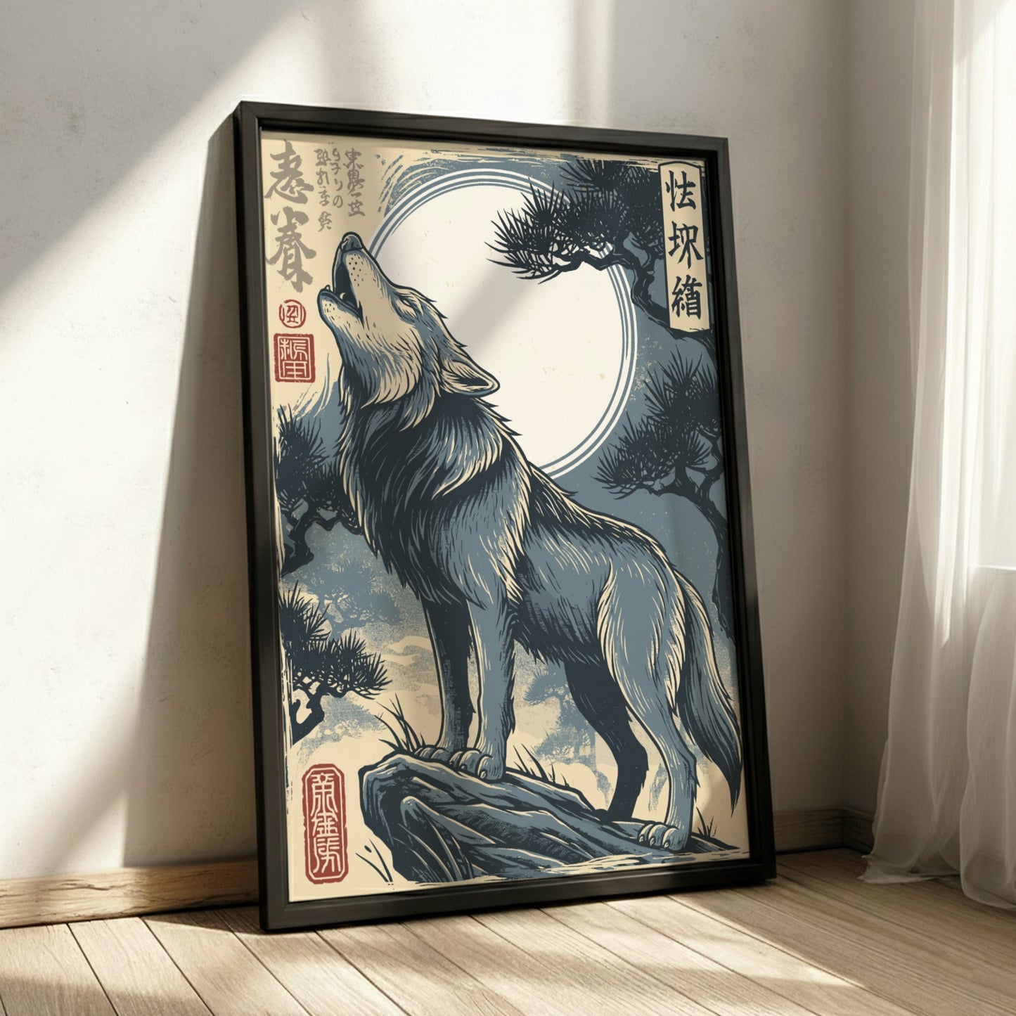Japanese art style poster of a wolf howling at the moon, Ukiyo-e style, blue and grey palette.