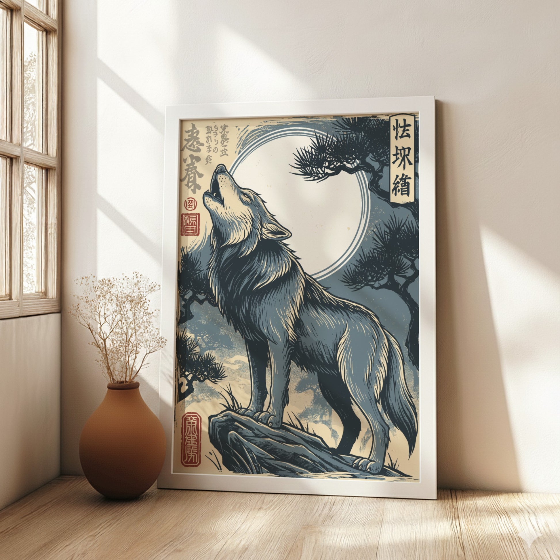 Japanese art style poster of a wolf howling at the moon, Ukiyo-e style, blue and grey palette.