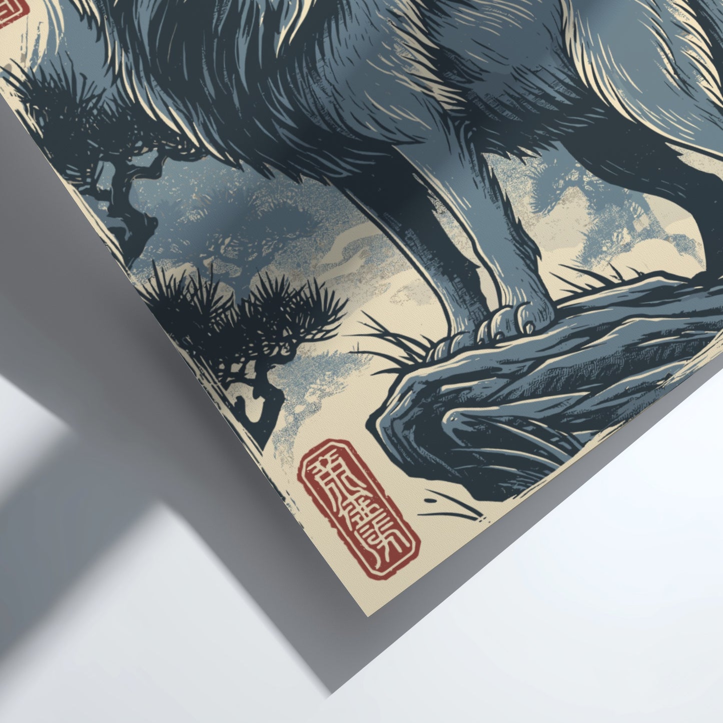 Japanese art style poster of a wolf howling at the moon, Ukiyo-e style, blue and grey palette.