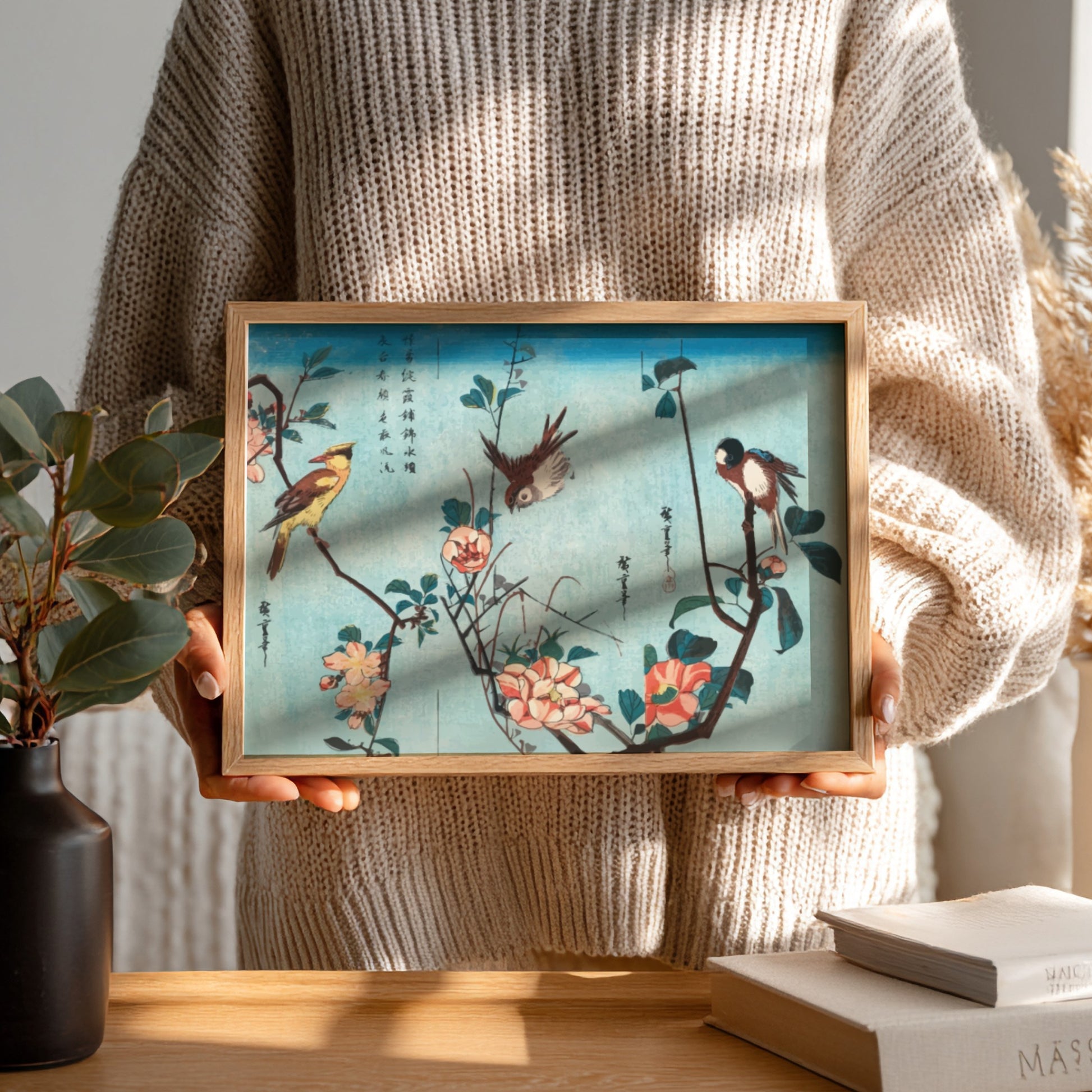 Japanese birds and flowers poster featuring vintage woodblock print style with soft blues and vibrant florals.