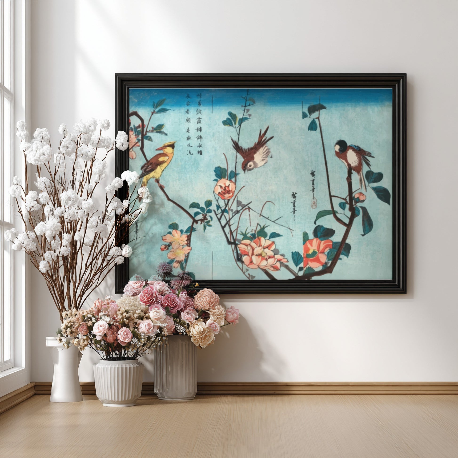 Japanese birds and flowers poster featuring vintage woodblock print style with soft blues and vibrant florals.