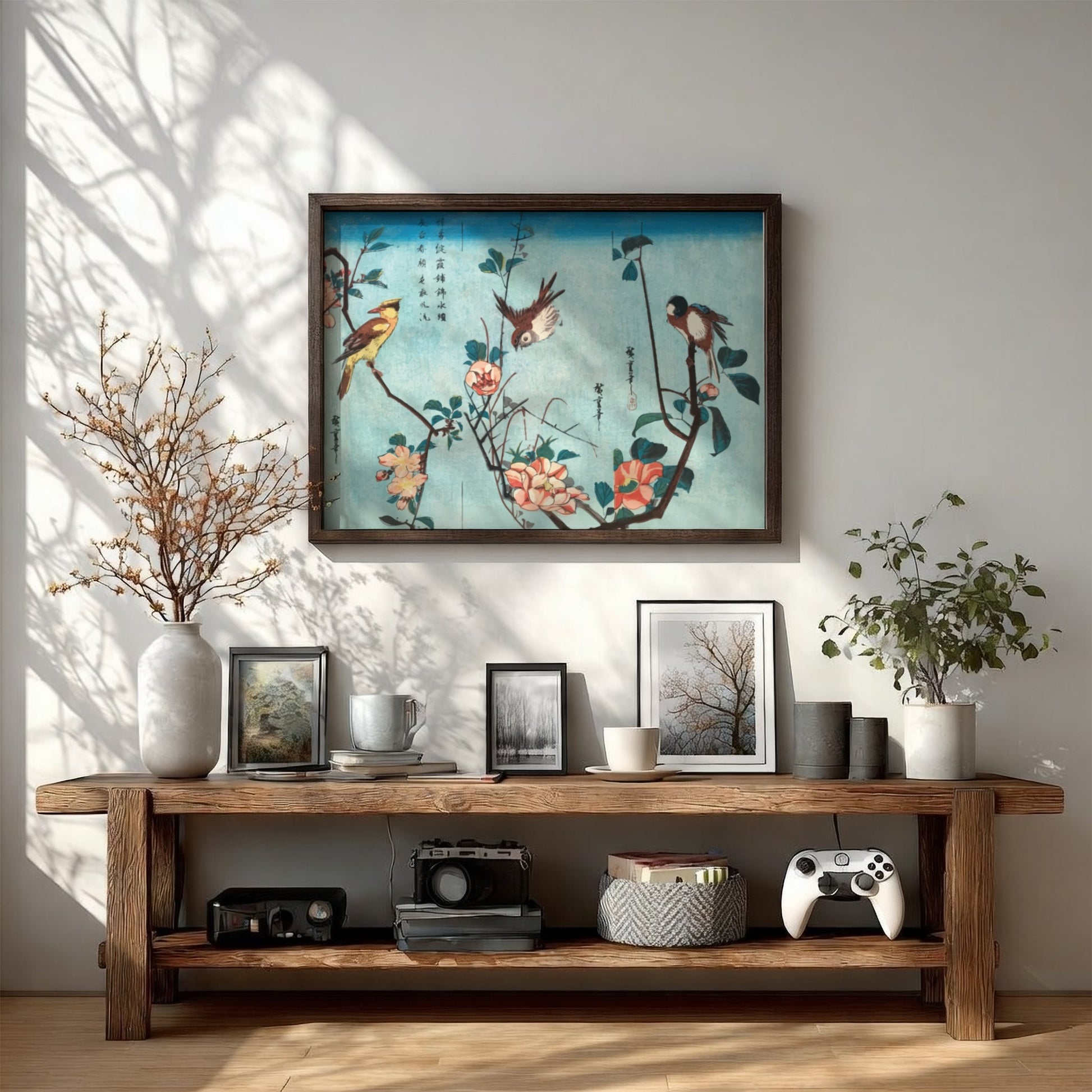 Japanese birds and flowers poster featuring vintage woodblock print style with soft blues and vibrant florals.