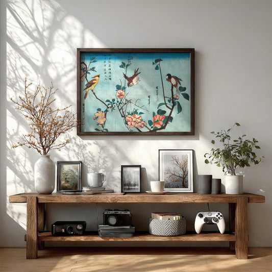 Japanese birds and flowers poster featuring vintage woodblock print style with soft blues and vibrant florals.