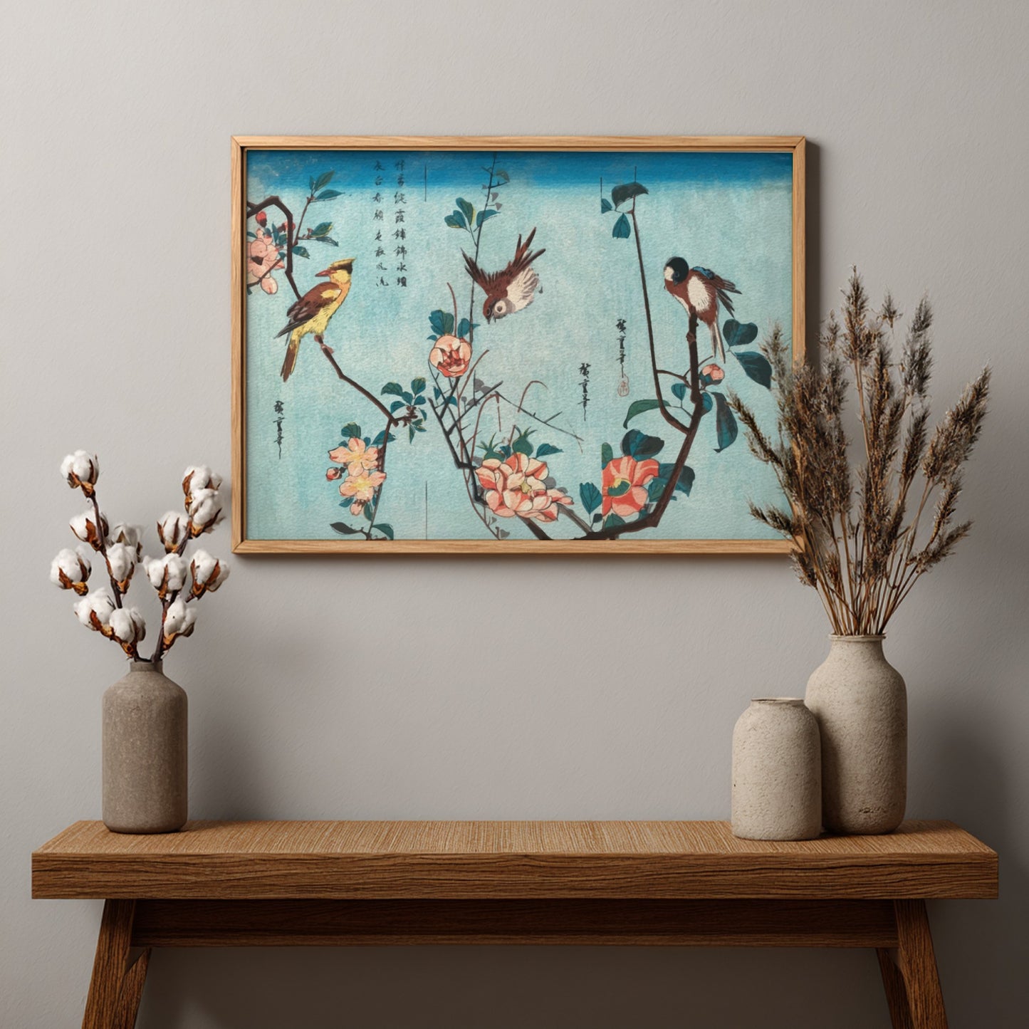 Japanese birds and flowers poster featuring vintage woodblock print style with soft blues and vibrant florals.