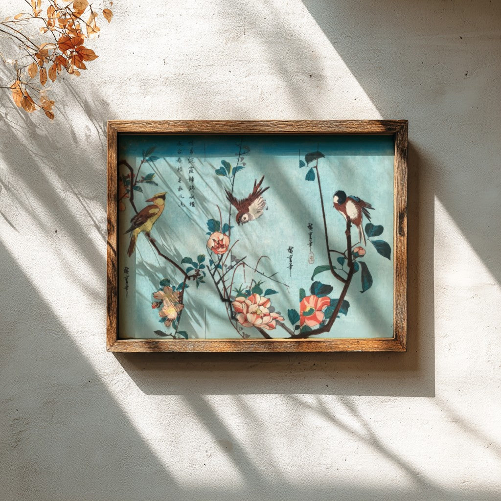 Japanese birds and flowers poster featuring vintage woodblock print style with soft blues and vibrant florals.