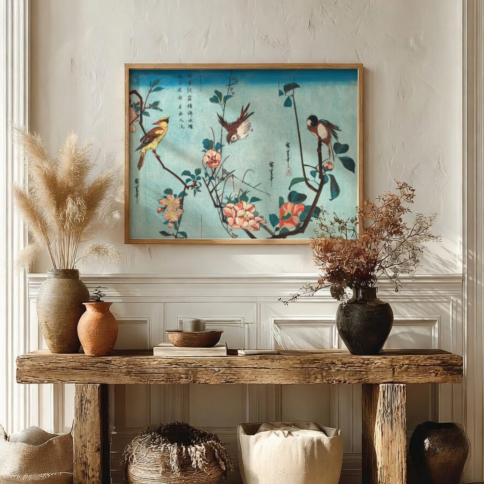 Japanese birds and flowers poster featuring vintage woodblock print style with soft blues and vibrant florals.