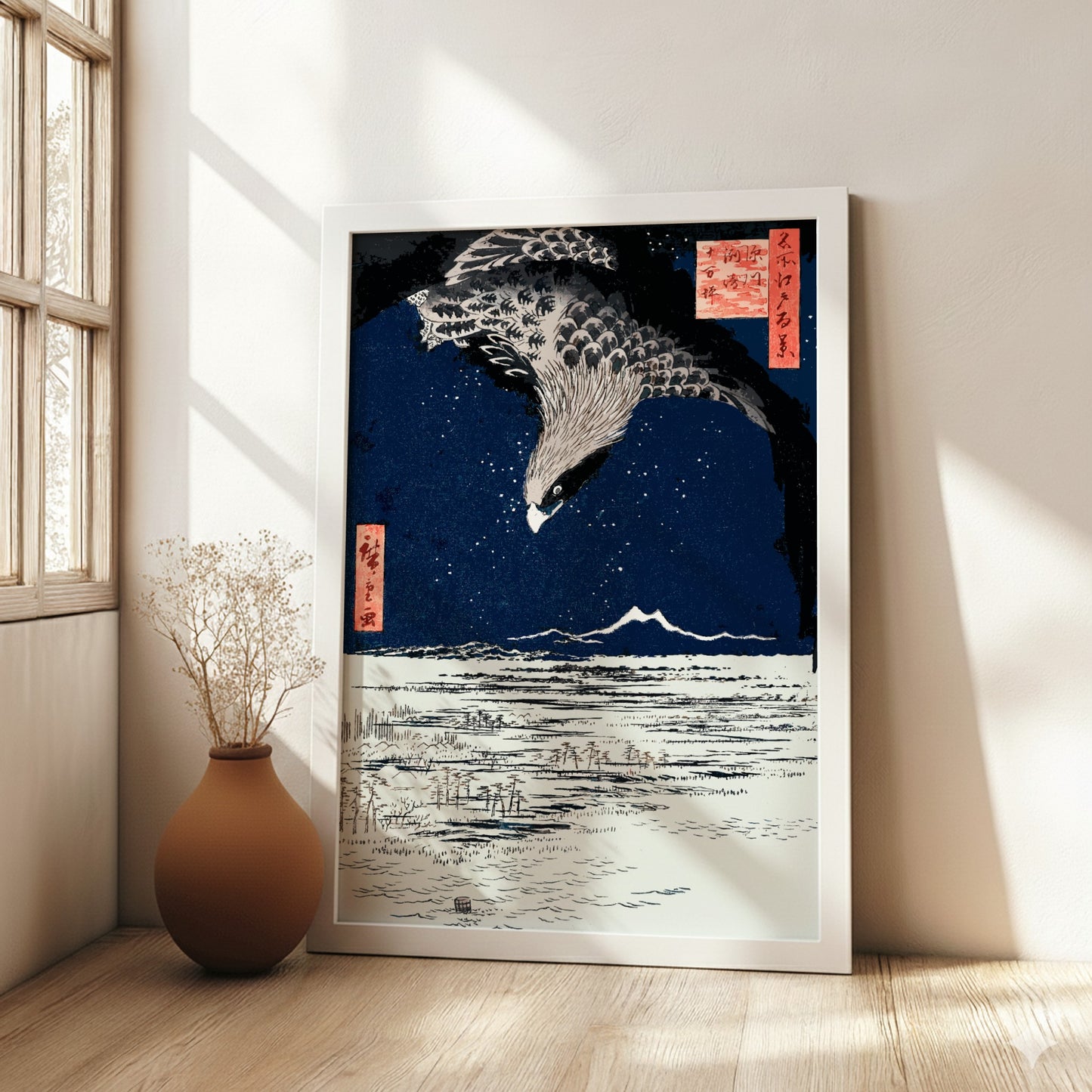 Vintage Japanese Hawk Ukiyo-e art poster by Utagawa Hiroshige, featuring a hawk in flight against a starry