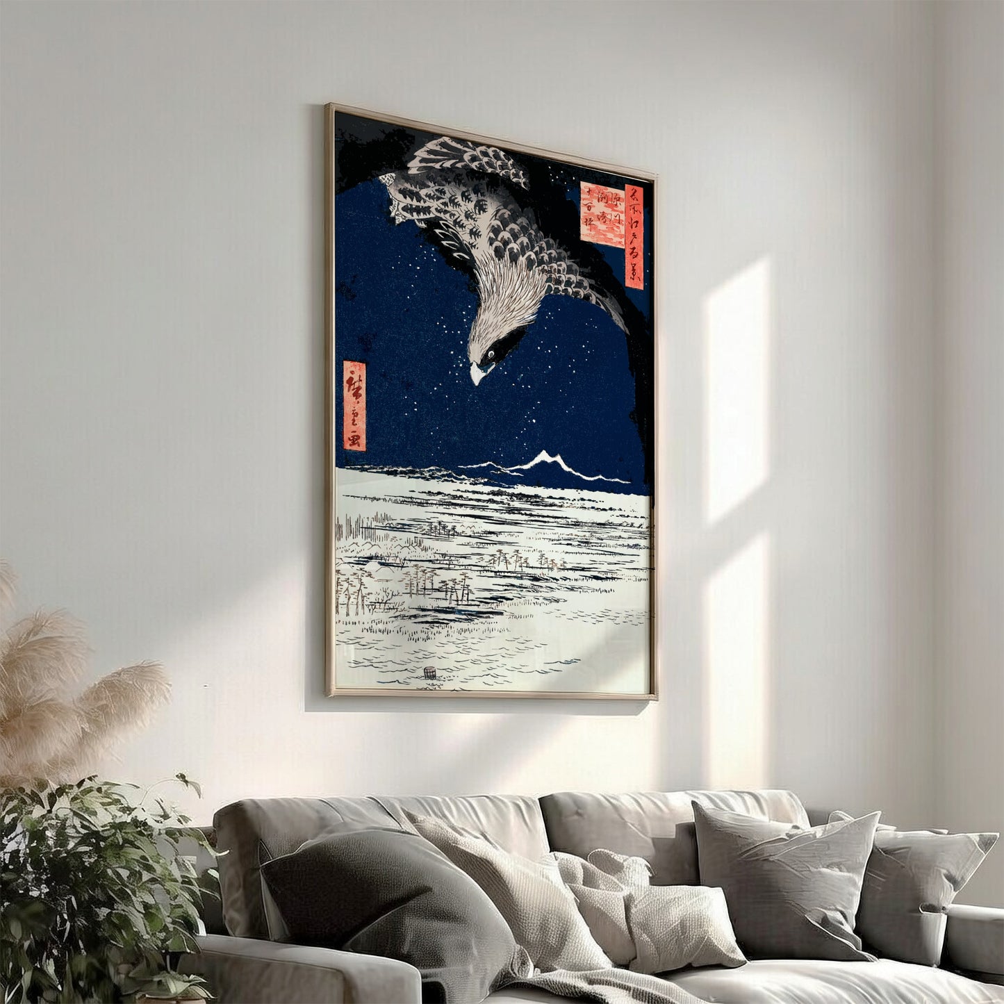 Vintage Japanese Hawk Ukiyo-e art poster by Utagawa Hiroshige, featuring a hawk in flight against a starry