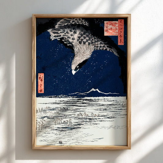 Vintage Japanese Hawk Ukiyo-e art poster by Utagawa Hiroshige, featuring a hawk in flight against a starry
