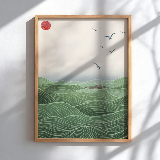 Poster featuring a traditional Japanese village nestled between rolling green hills under a red sun.